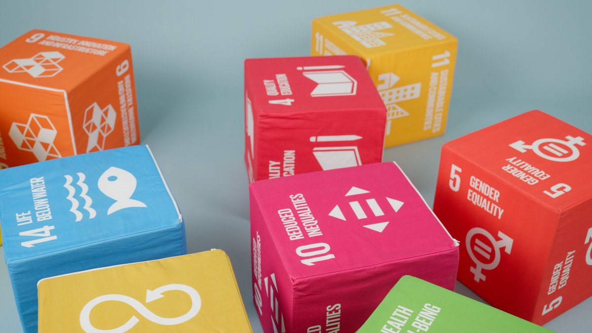Bunte Würfel der Sustainable Development Goals liegen auf dem Boden